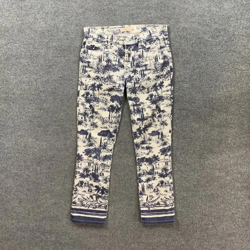 Tory Burch Jeans Womens 27 White Navy Tropical Toile Print Straight Leg Mid Rise